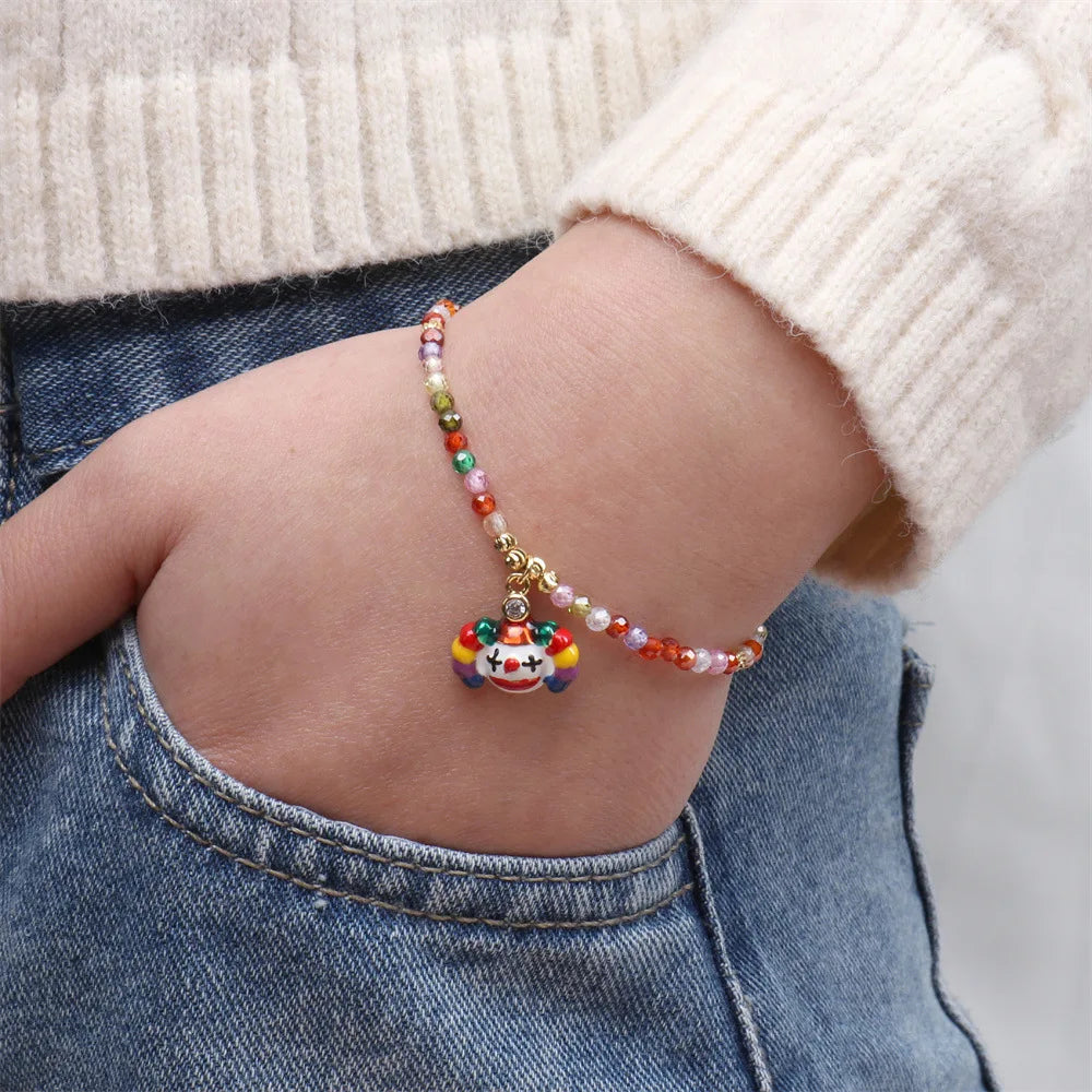 Personality Enamel Clown Pendant Bracelet Multicolor Glass Crystal Beads Bracelet Colorful Thin Beaded Bracelet