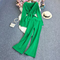 Solid Color Cardigan Belt Suit 2-piece Loose Pants+V-neck Cardigan Suit