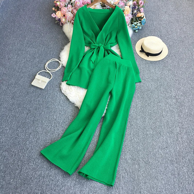 Solid Color Cardigan Belt Suit 2-piece Loose Pants+V-neck Cardigan Suit