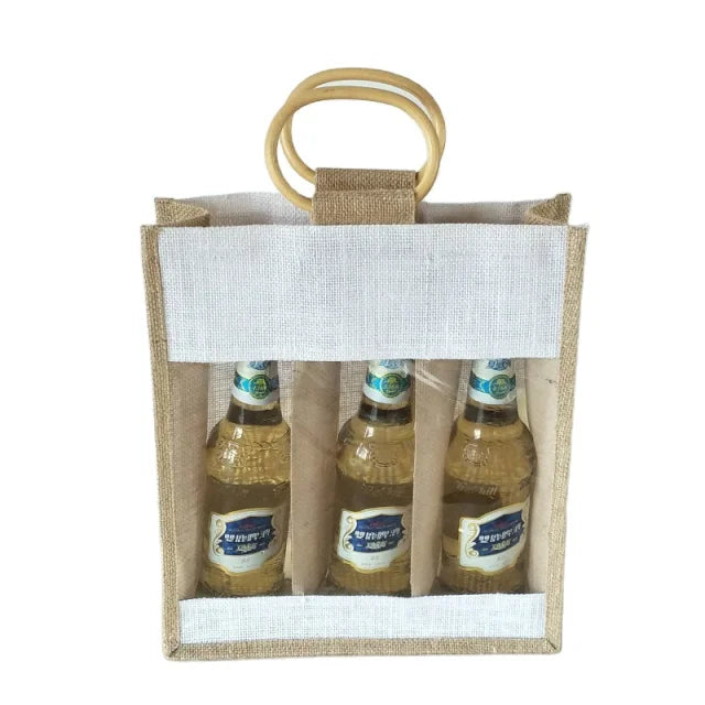 Eco Natural Recycled Waterproof Printed  clear Window Jute Gift Bag Jute Window Tote Bag