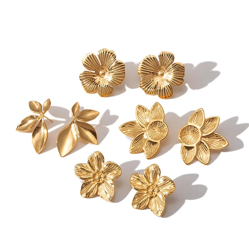 High Quality Ins Style 18k Gold Plated Stainless Steel Flower Leaf Petal Earrings for Women's Fashion Jewelry Earrings