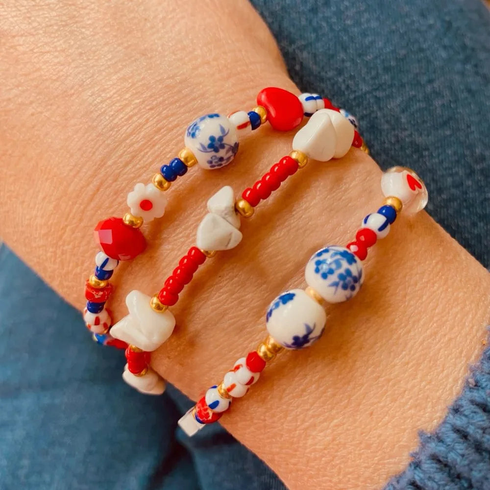Fashion Trend Blue and White Porcelain Glass Crystal Bracelet Vintage Hand-woven Ceramic Bracelet for Women