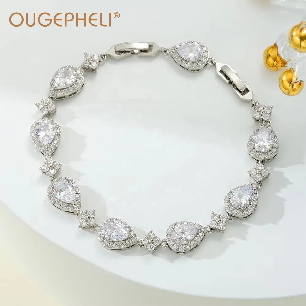 OUGEPHELI Wholesale Custom CZ Zircon Cubic Zirconia Brass Pulseira Brazalete Bracciali Fashion Jewelry Bracelet for Women Lady