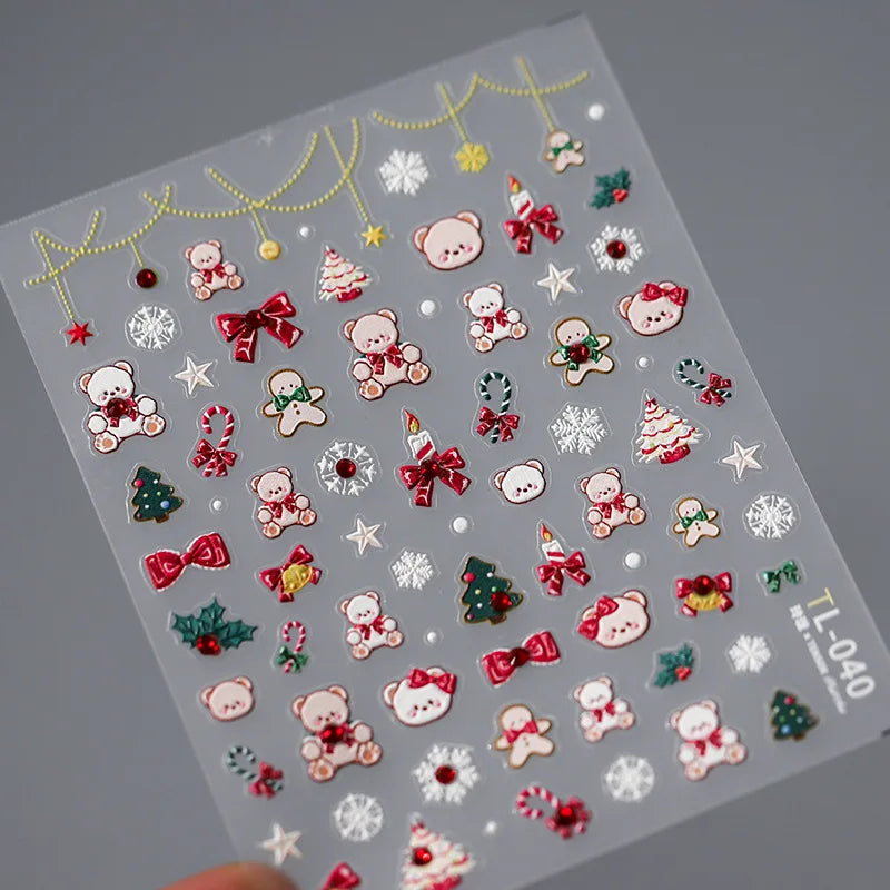 5D Merry Christmas Kawaii Bear Bow Crystal Diamond Nail Stickers Christmas Snowflake Tree Adhesive Nail Sticker Sliders TL-040