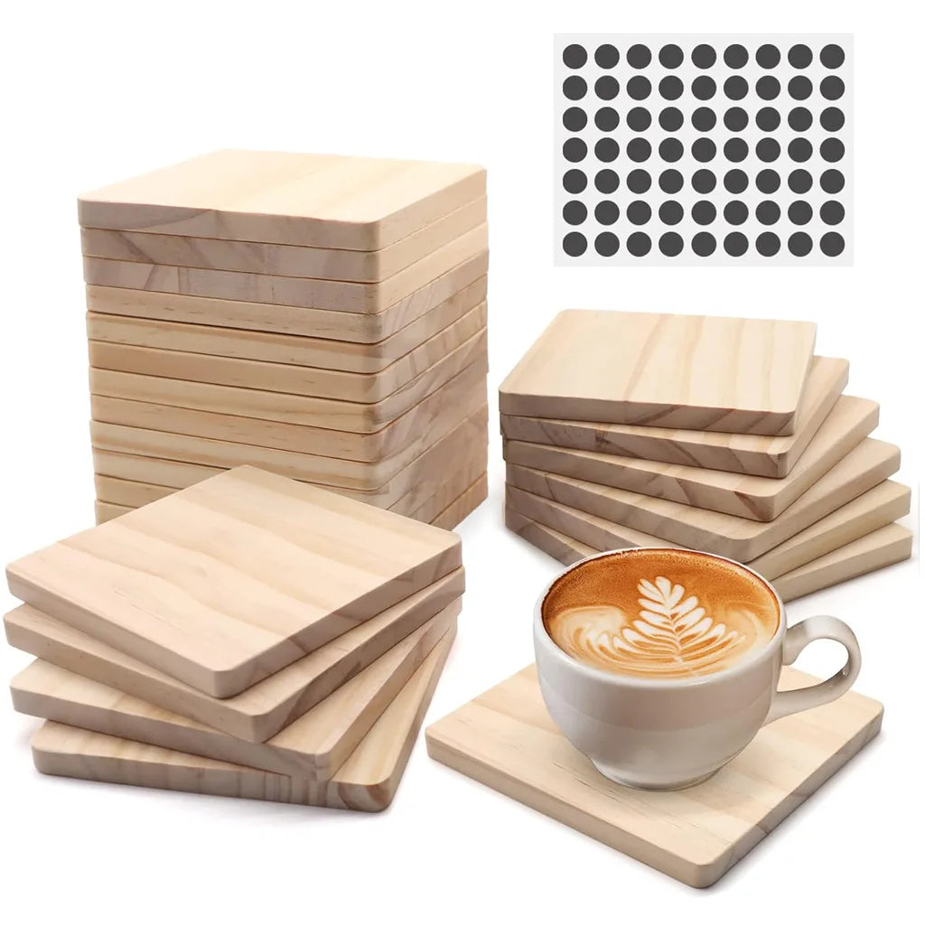 Wholesale 24pcs DIY Wooden Coaster with Non-slip Foam Pads Engraved Tea Coaster for Home Decorations Kitchen Supplies
