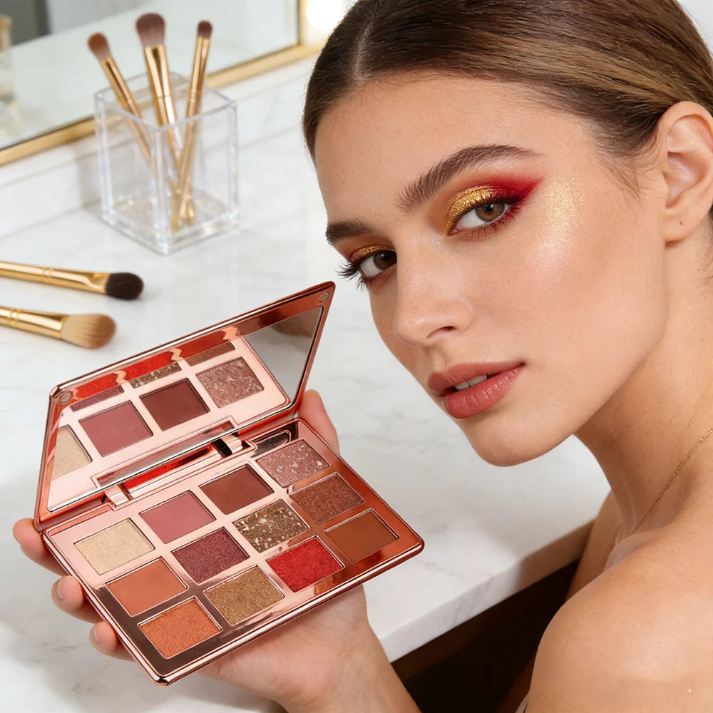 High Quality Custom Logo Eyeshadow Palette with 12 Metallic/Shimmer Finish Colors Low MOQ for Dark Skin Eye Makeup