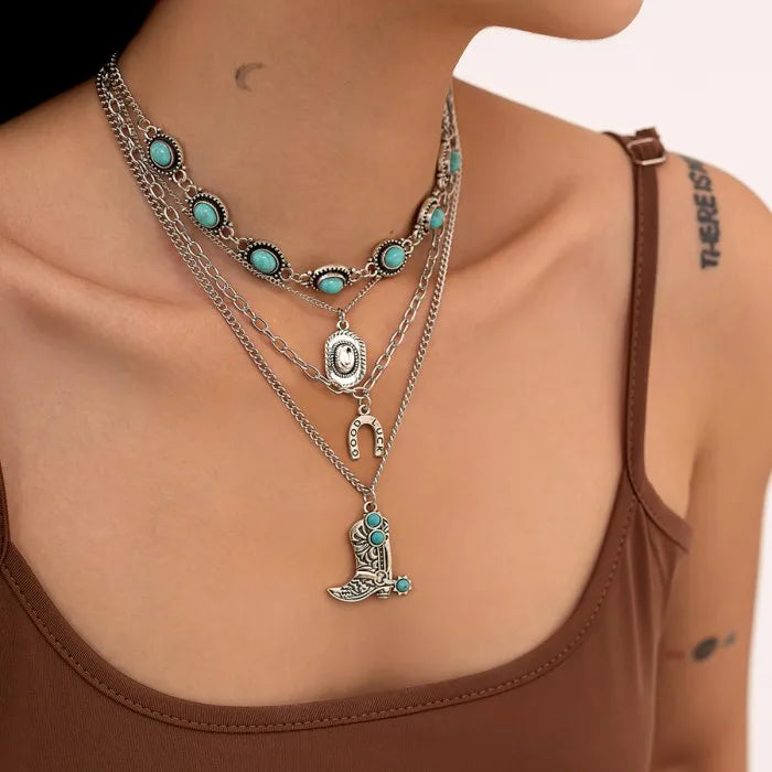 4pcs Retro Cowboy Hat Boots Pendant Necklace for Women Multi Layer Silver Color Necklace Clavicle Chain Choker on Necklace