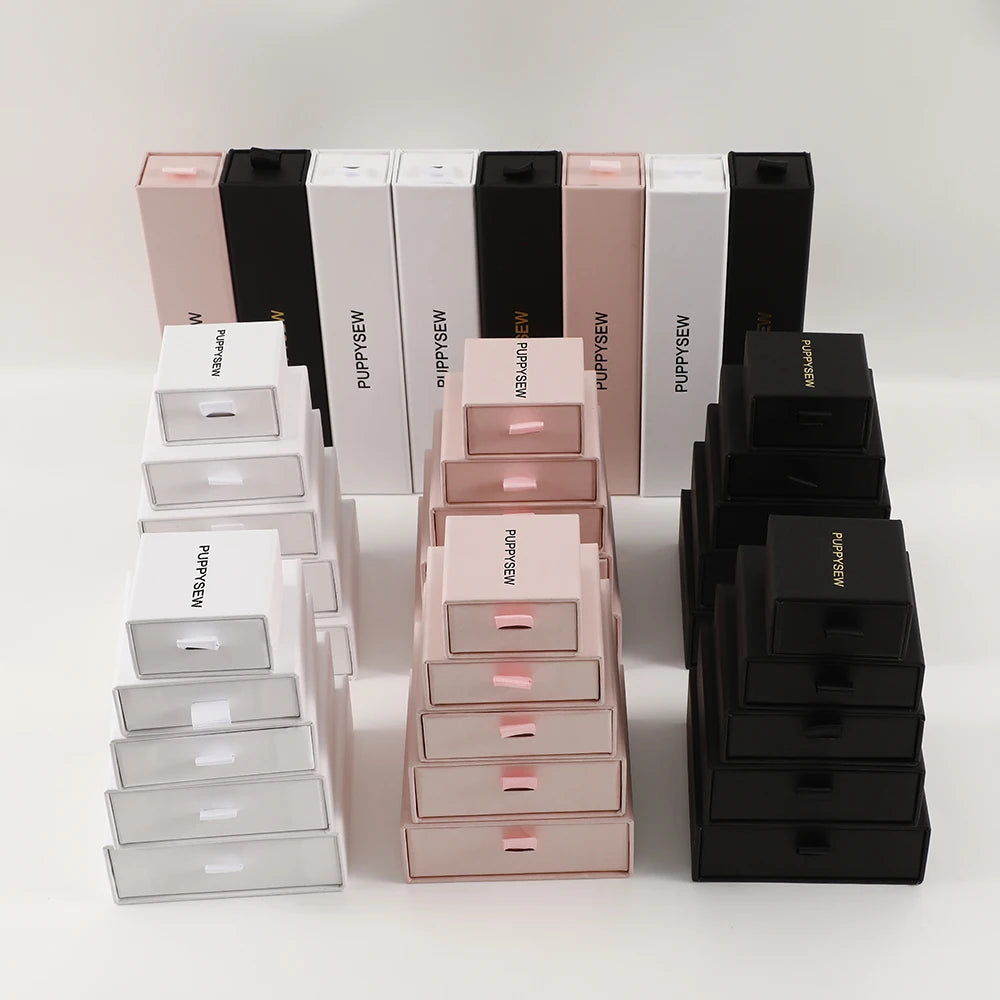 PUPPYSEW 9*9cm White Sliding Jewelry Box Jewelry Drawer Box with Insert Cardboard Ring Earring Necklace Packaging Box with logo