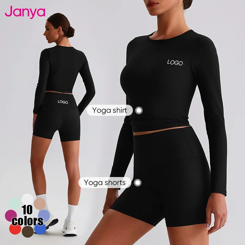 Janya High Waist Quick Dry Yoga Shorts Short Sleeve Sports Tops Set Breathable Comfortable Ribbed 2 PCS Women's Gym Fitness Sets