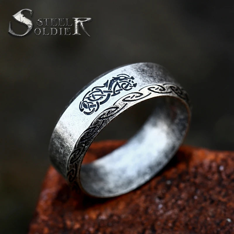 SS8-R203 New Design Viking Vintage Odin Norse Viking Wolf Dragon Totem Men's Ring Jewelry Wholesale