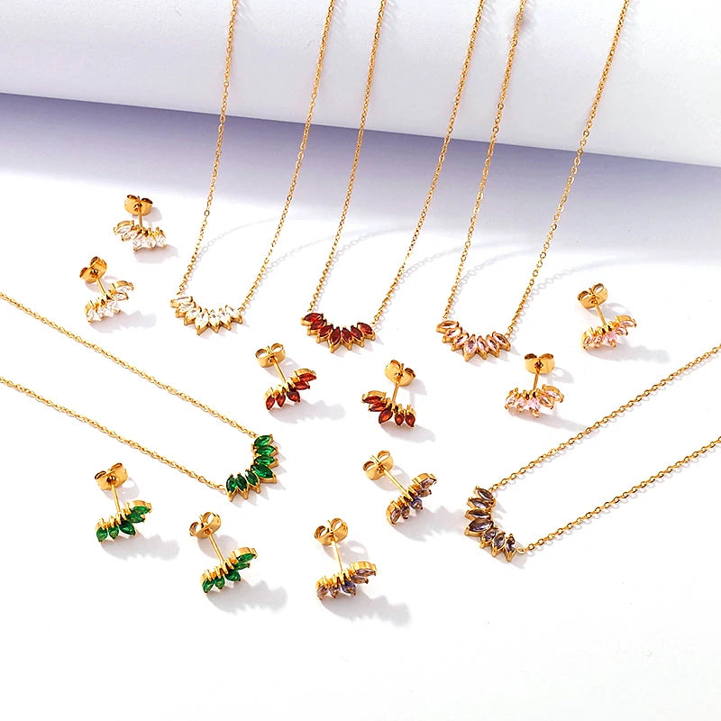 Luxury Ladies Stainless Steel Jewelry 18K Gold Plated Trendy Crown Leaf Diamond Cubic Zirconia Birthstone Necklace Earrings Set