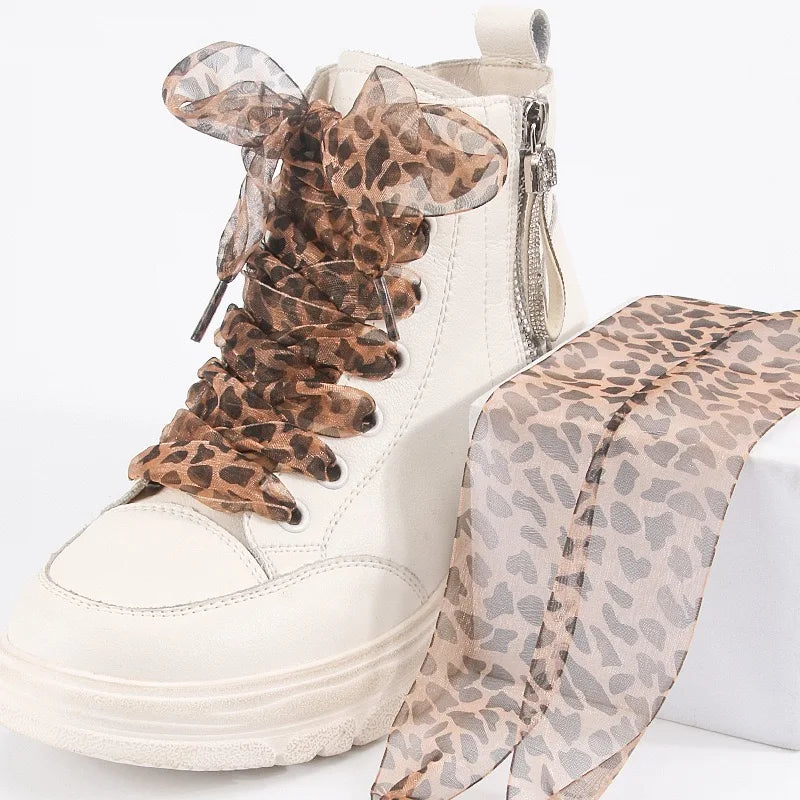 WEGOODZF Leopard Print Satin Ribbon Shoelaces Smooth Silky Casual Style Unisex Animal Print Flat Shoe Laces for Women Girls