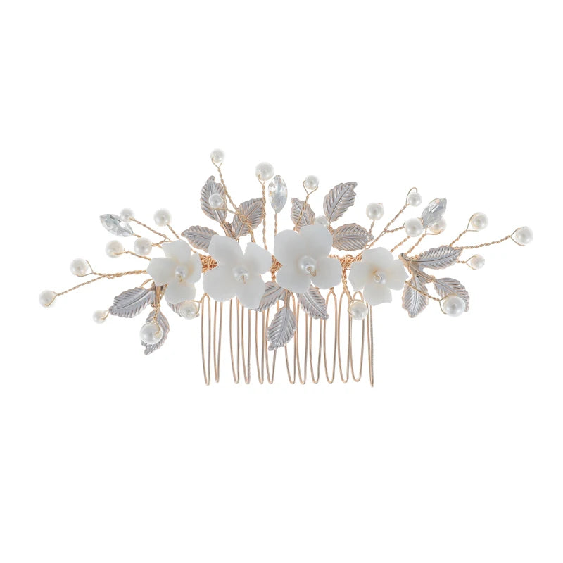 Handmade Gold Leaf Ceramic Flower Wedding Side Combs Vintage Bridal Headdress Accessories for Prom Party Anniversary Made Alloy