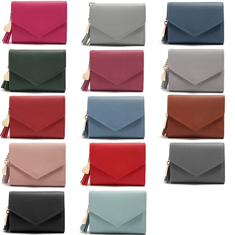 Multi Function Tassel and Metal Heart Decor Custom Female Fashion Synthetic Leather Wallet Ladies Purse