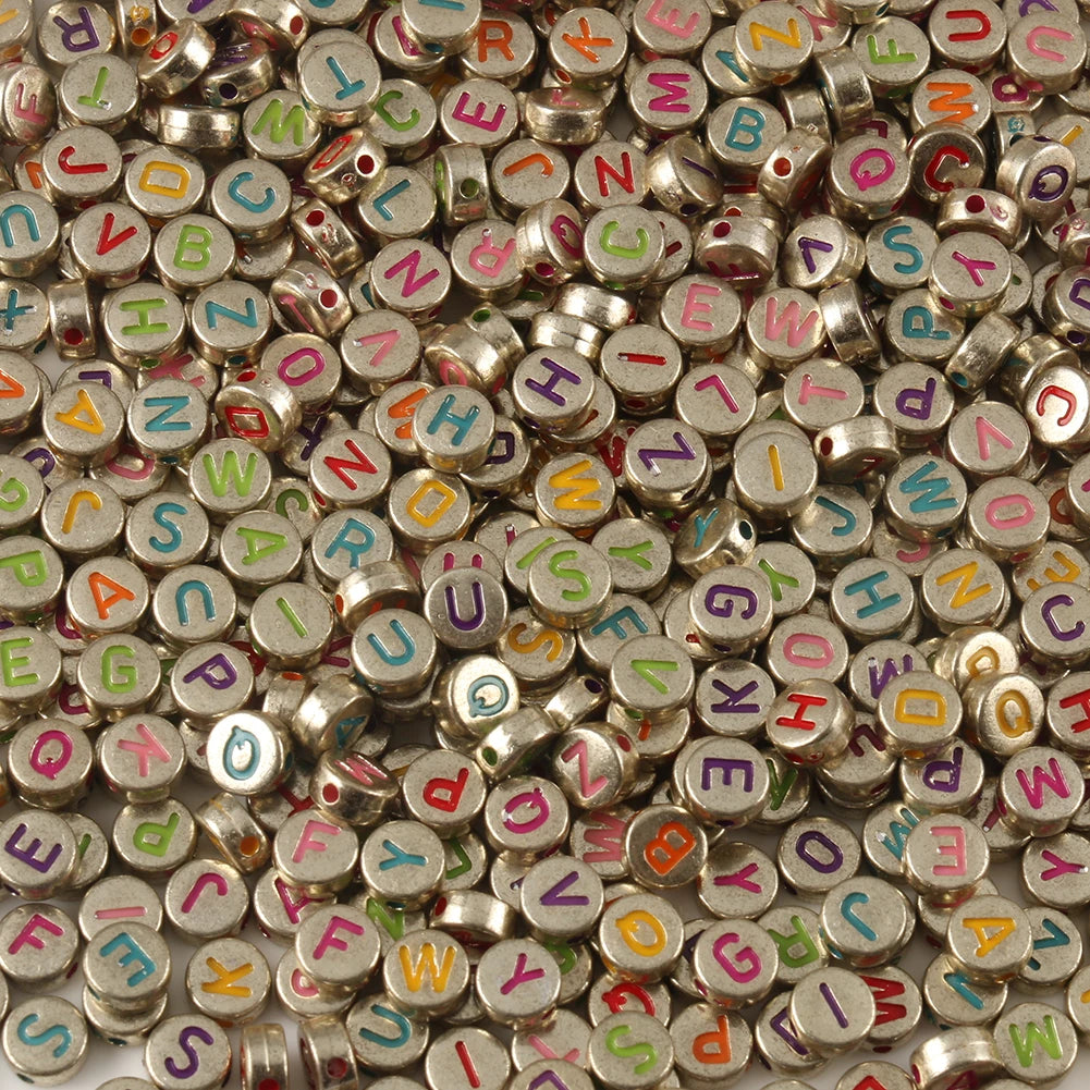 Wholesale 200pcs Mixed 7*4mm Round Golden Acrylic Colorful Letter Alphabet Beads for Diy Bracelet Necklace