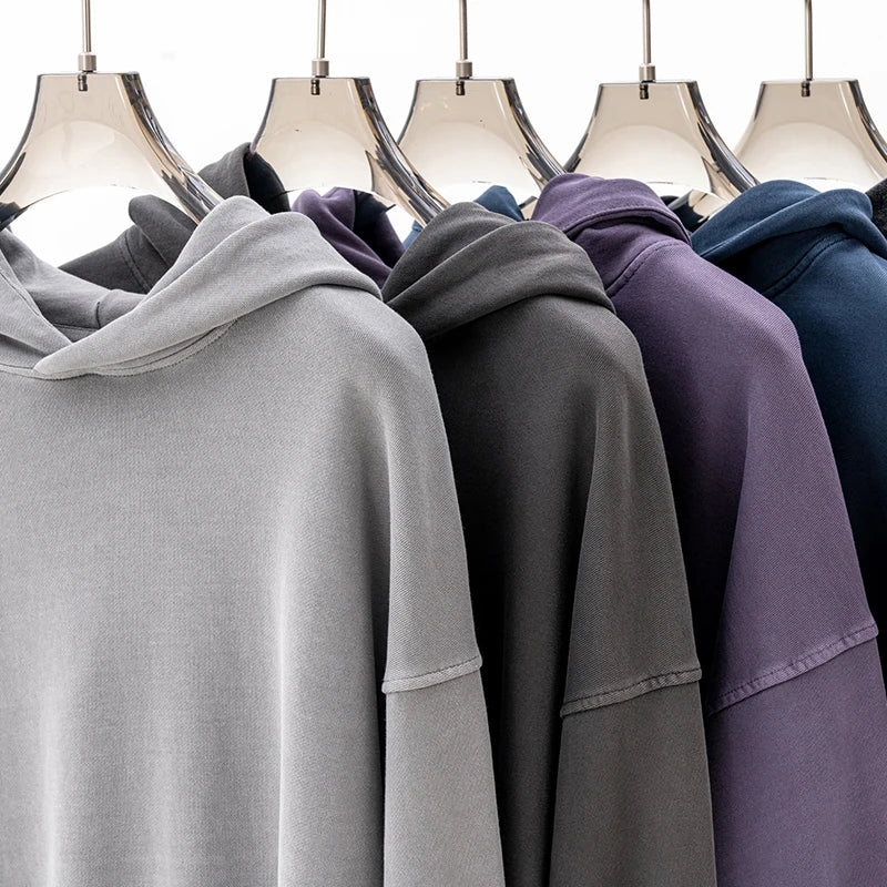 Custom Logo Vintage Heavyweight Oversized Wash Hoodies 380 Gsm French Terry Vintage No String Black Cotton Fabric Pullover