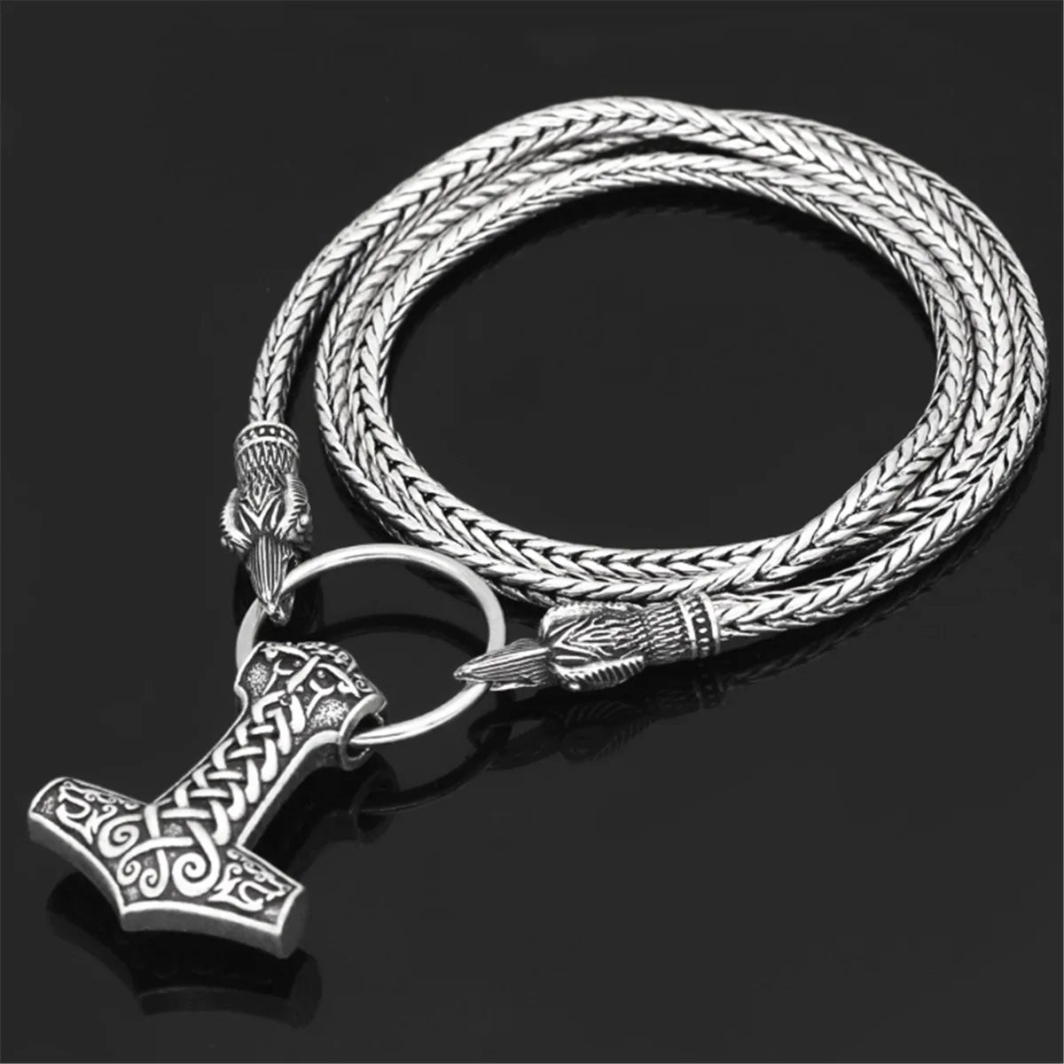 Men Vintage Silver Viking Odin Wolf Head With Thor Hammer MJOLNIR Pendant Necklace Jewelry Gift