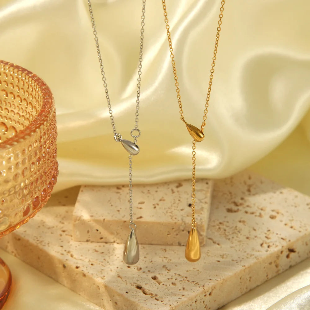 Luxury Quality Jewelry 18k Gold Plated Waterproof Y Shaped Water Drop Pendant Stainless Steel Necklace