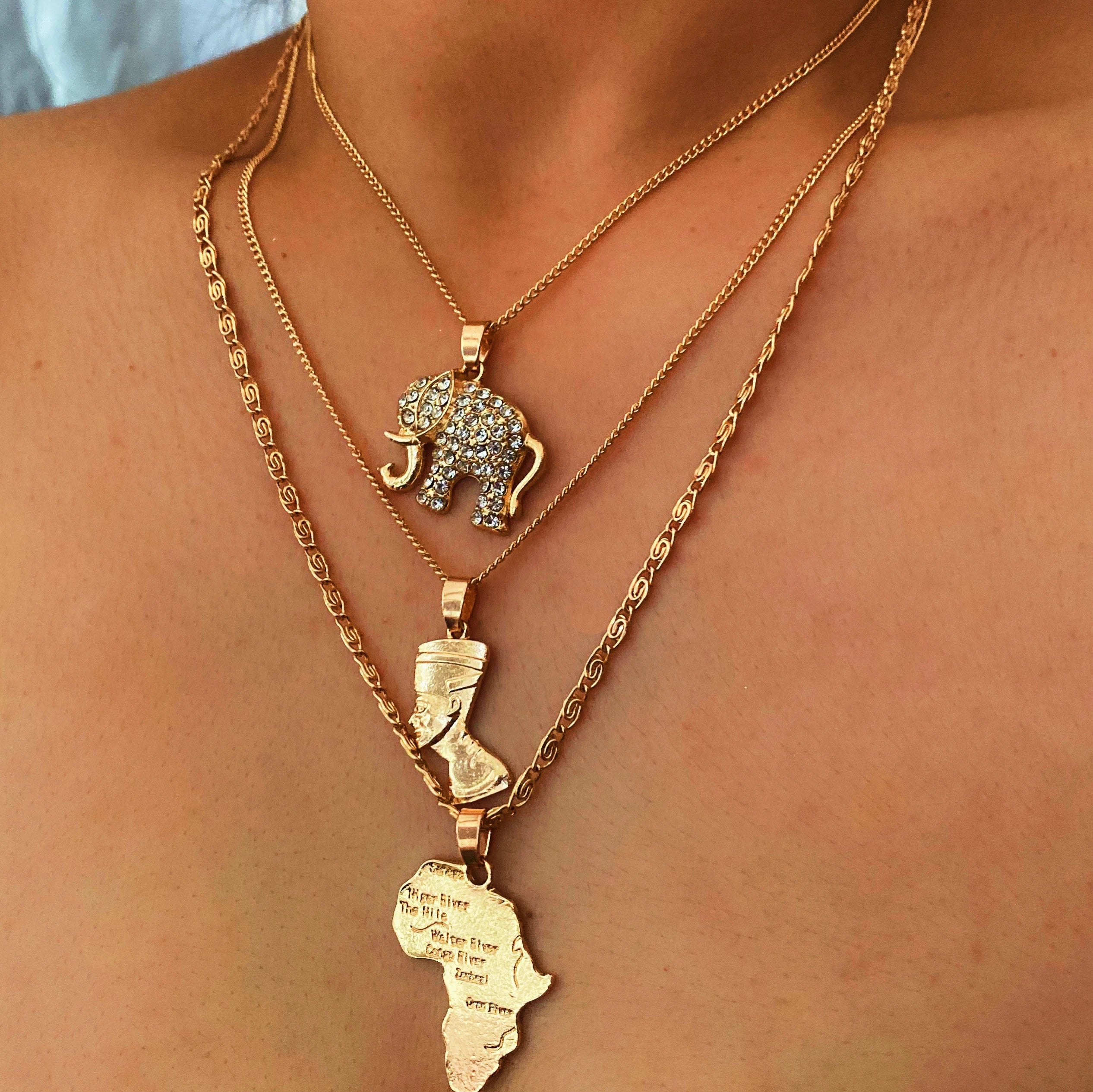 Gold Plated Elephant African Map Queen Nefertiti Multi Layered Necklace