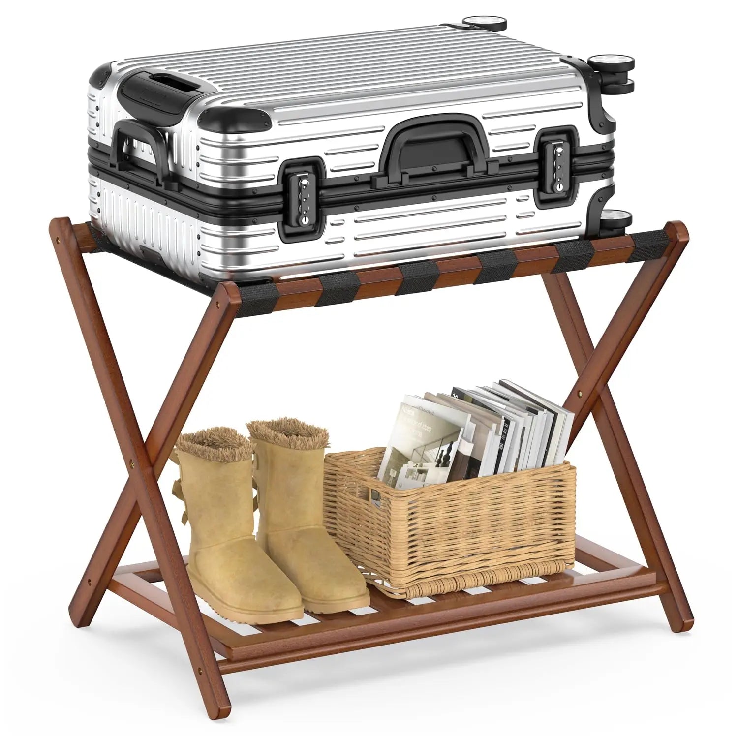 Bamboo 2-Tier Foldable Luggage Rack Brown Fully Assembled Luggage Shelf Heavy Duty Durable Wood Luggage Rack Stand