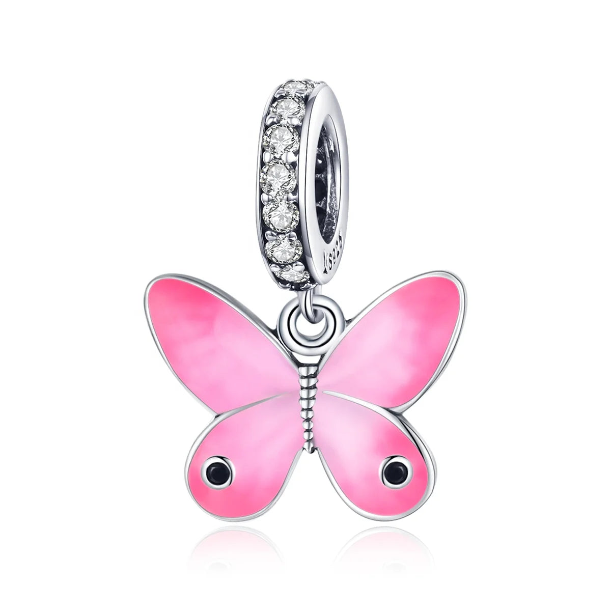 925 Sterling Silver Charm Pendant Factory Enamel Pink Butterfly Zircon for Weddings DIY Jewelry Bead for Silver Bracelet SCC1728
