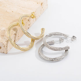 Wholesale Hip Hop Jewelry Full Inlaid Crystal CZ Big Circle Hoop Earrings Cubic Zircon Twisted C Shaped Hoop Earrings