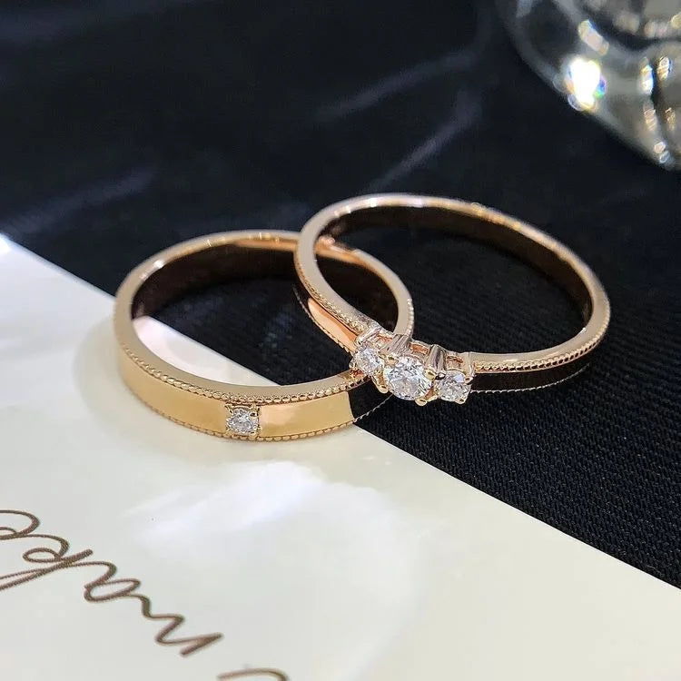 Ruyi 14K/18K Platinum Solid Gold Classic Plain Lovers Wedding Band Diamond Promise Ring for Couple Anniversary Engagement Gifts