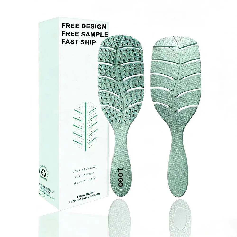 Custom Logo Detangling Hair Brush with Natural Wheat Handle Curly Hair Brush Hair Massage Styling Comb for Dry and Wet Hair