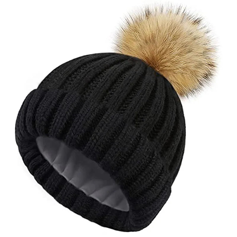 Winter Woman Beanie Hats Knit Hat Girls Double Layer Fleece Lining Bobble Hat With Faux Fur Pom Pom