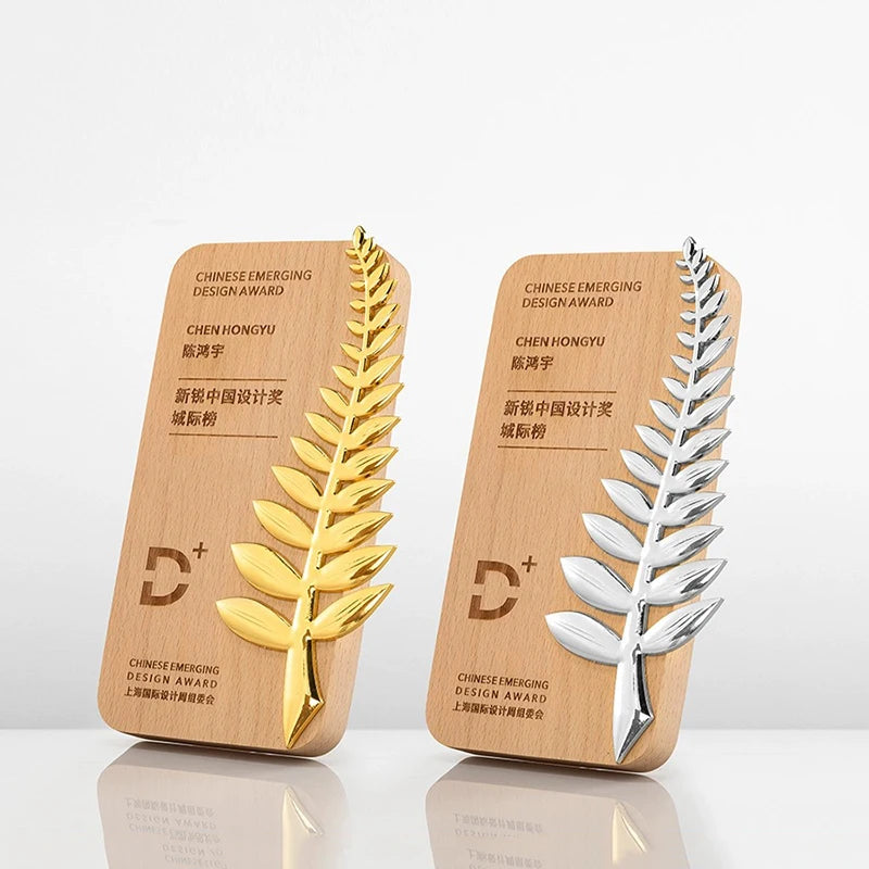 2026 Simple Design Wooden Trophy With Golden Metal Palm Leaf Awards Trophies Custom