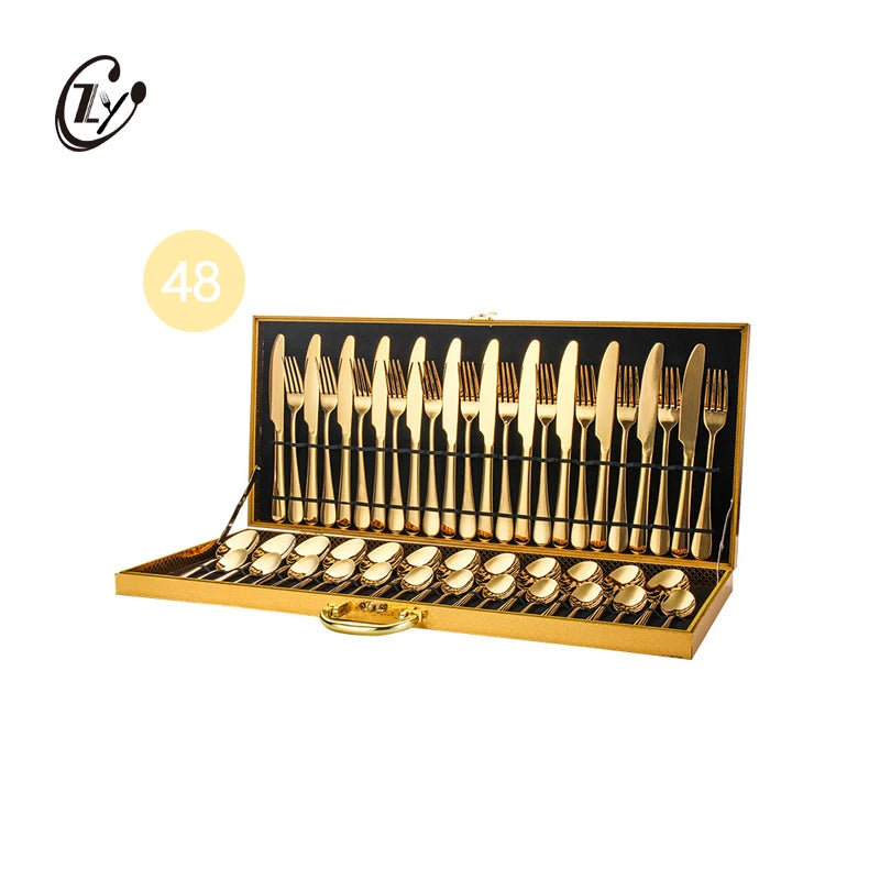 Golden Wooden Box Flatware Knife Fork Spoon 48PCS Case Stainless Steel Cutlery Set for 12 People