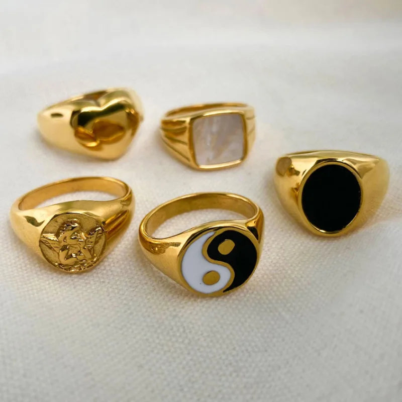 New Arrival 18K Gold Plated Balance Yinyang Rings Stainless Steel Enamel Yinyang Band Rings