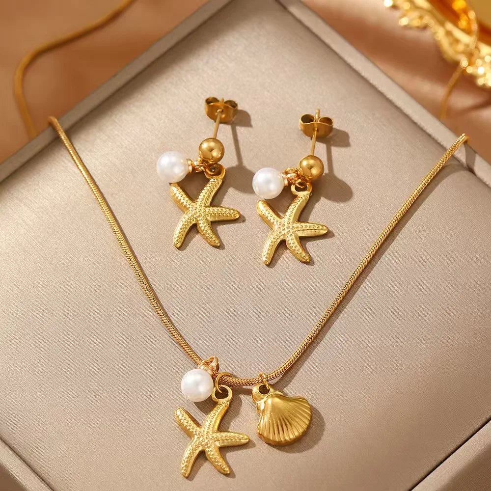 Europe and America Titanium Steel Starfish Shell Pendant Women's High-end Niche Collarbone Chain Stud Earrings Jewelry Set