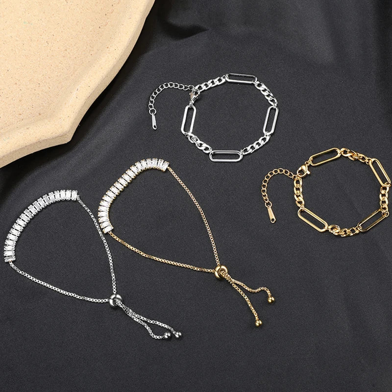 Popular Simple Chain Bracelet Gold Plated Stainless Steel Never Fade Adjustable Crystal Bracelets Women
