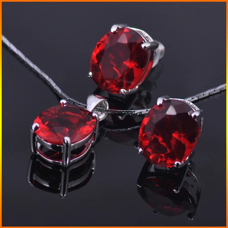 Jasen Jewelry Classic Designs Set  Ruby Oval Stones 925 Sterling Silver Pendant Necklace Earring Assemble Jewelry Set for Women