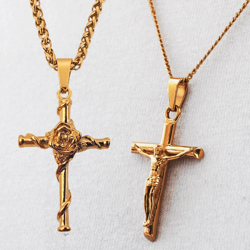 High Quality Necklace Vintage Crucifix Pendant Men 316L Stainless Steel Rose Flower Christian Cross Pendant Necklace