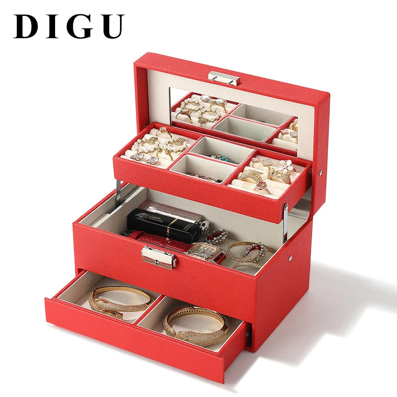 DIGU 2024 New Product Large Capacity Jewelry Case With Mirror Travel Portable Jewelry Case Jewelry Case Box