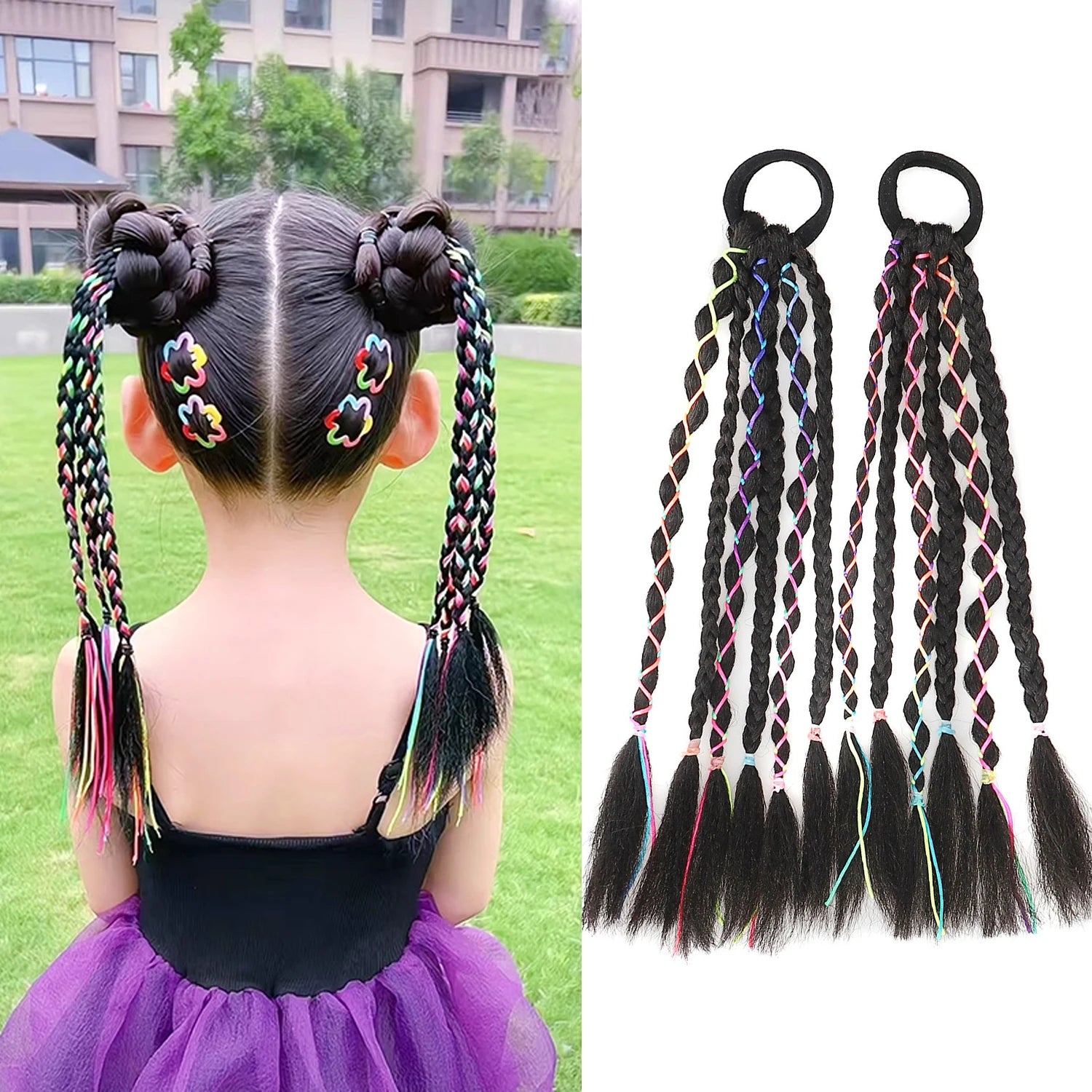 Kids Braided Ponytail with Beads and Bow Kids Hair Extension Ponytail for Girls Black Girl Hair Accessories with Bubbles