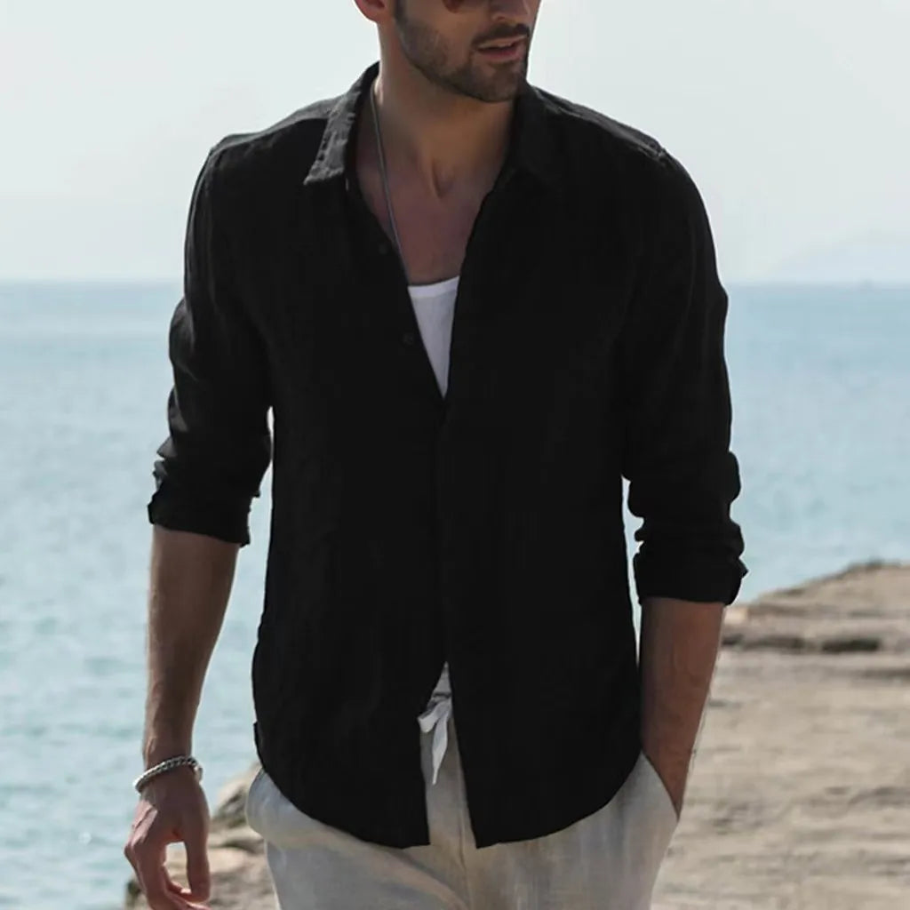 Casual Europe and America Spring Summer Men's Pure Cotton Solid Color Long Sleeve Cardigan Shirt