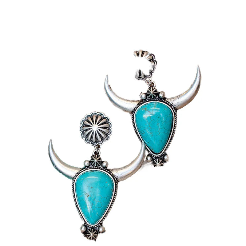 Vintage Antique Silver Plated Alloy Flower Cowboy Drop Earrings Statement Boho Western Bull Head Shape Turquoise Pendant Fashion