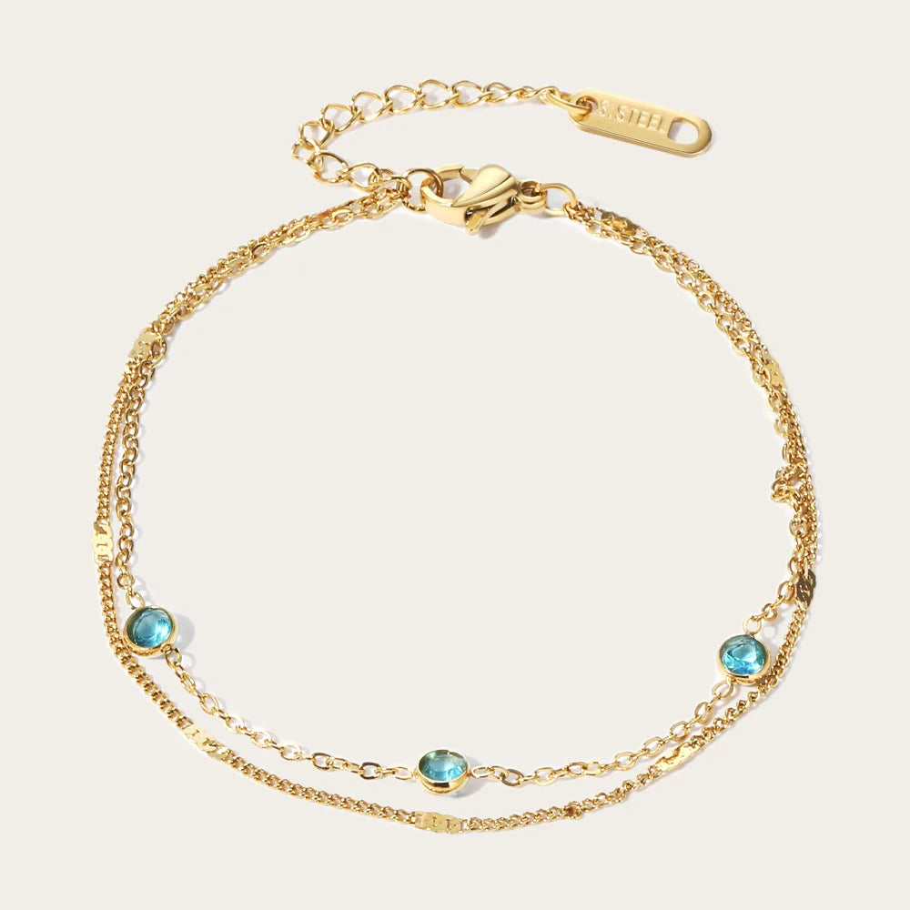 Trendy Minimalist 18K Gold Plated Jewelry Waterproof Double-layer Blue Zircon Stainless Steel Bracelet