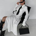 Tie Shoulder Padded Neck Buttoned Zip Slit Design Clothing Shirts Women's Fall Fashion White Long Sleeve Women Long Shirt Dress