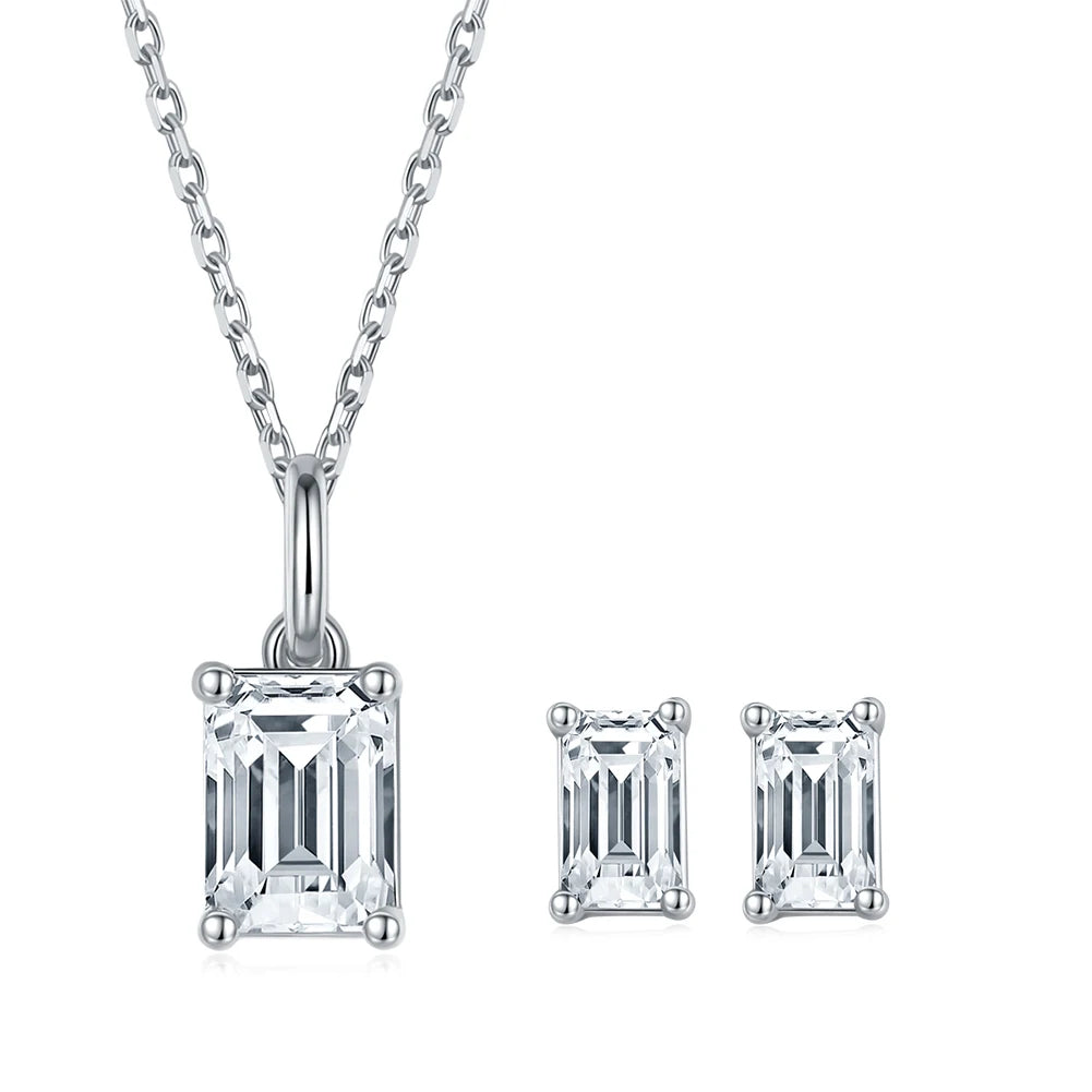 RINNTIN SMN32 Solid 925 Sterling Silver Wedding Set Emerald Cut VVS Moissanite Stud Earrings Necklace Jewelry Set for Women