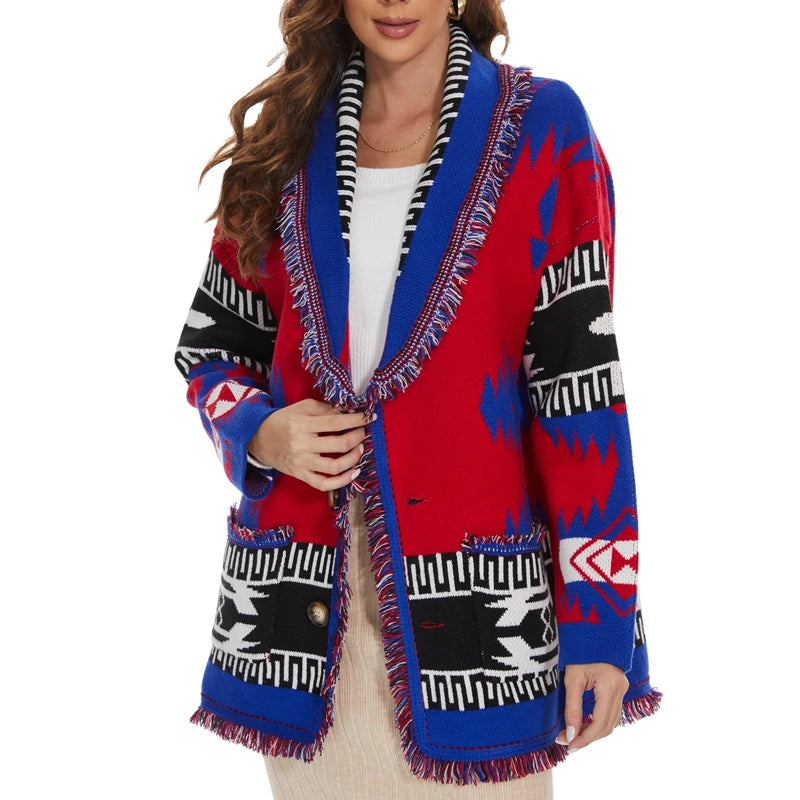 Women Winter New Fashionable Turn Down Tassel Collar Long Sleeves Bohemian Oversize Jacquard Sweater Coat