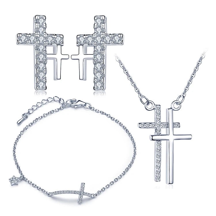 Women's 925 Silver Jewelry Sets Cross Earrings Bracelets Necklaces Christian Religious Style Zircon Stones for Gifts Engagements