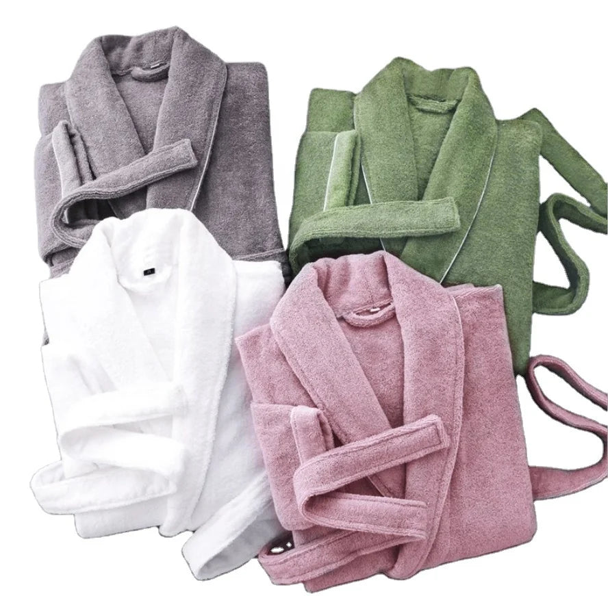 100% Cotton Terry Classic Bathrobe | V-neck Long Sleeve Spa Robe | Breathable Water Absorbent