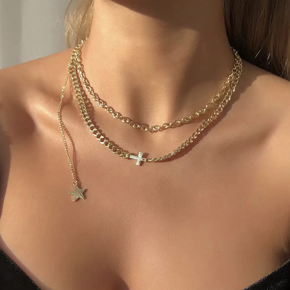 Minos Jewelry Necklaces Curb Chain Oval Chunky Chain Necklace Stainless Steel Double Layer Necklace With Cross Star Charm