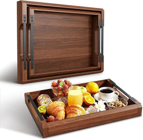 Customized Premium Acacia Wood Serving Trays Set With Stainless Handle Beautiful Design Solid Wood for Food