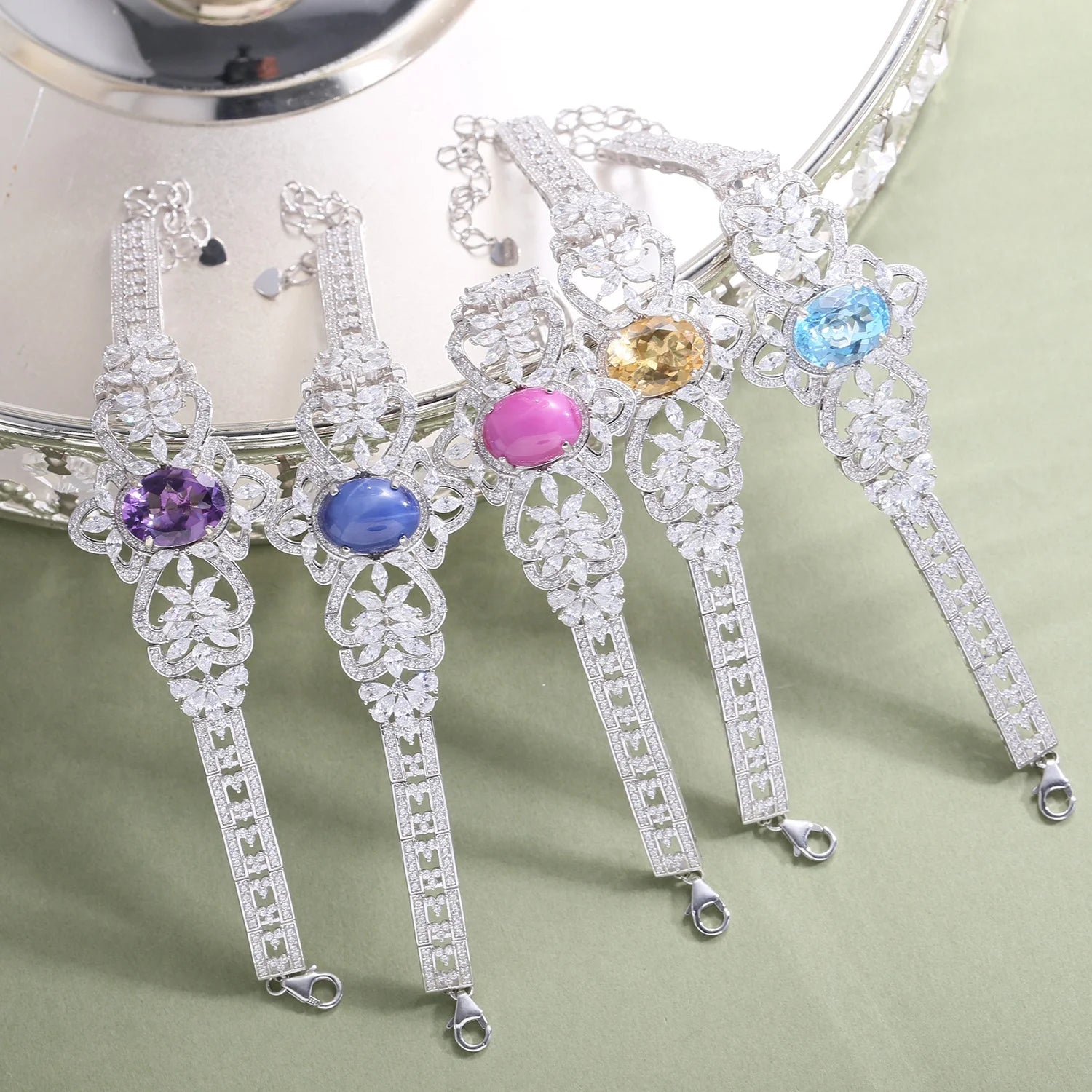 ZL0053 Abiding Oval 12*16MM 925 Silver Gemston Natural Blue Topaz Amethyst Citrine Cubic Zirconia Women Bangle Cuff Bracelet
