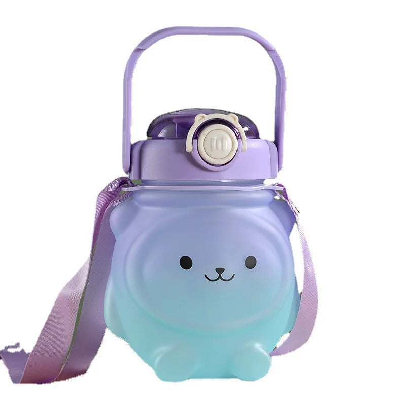 Large 1100ml Double Drink Water Cup for Kids Plastic Straw Cartoon Bear Appearance Gradual Change Level Children's Water Bottle